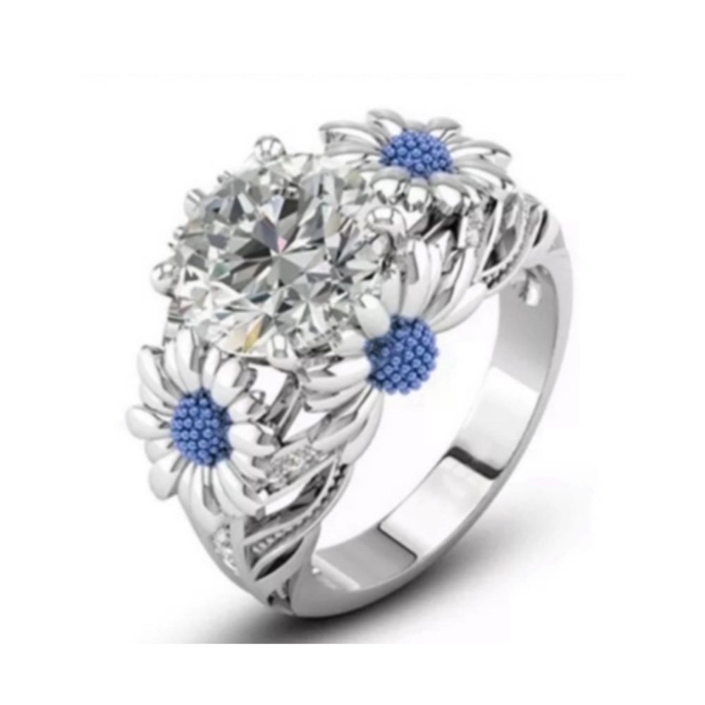 White Cubic Zirconia Gemstone Ring With Blue Flower Side Accents